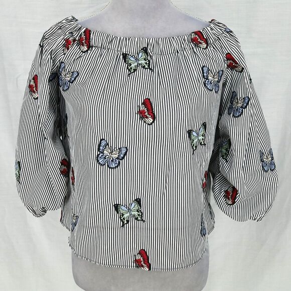 Zara Top Womens XS White Gray Stripe Blouse Embroidered Butterflies Whimsy Boho - Picture 6 of 16